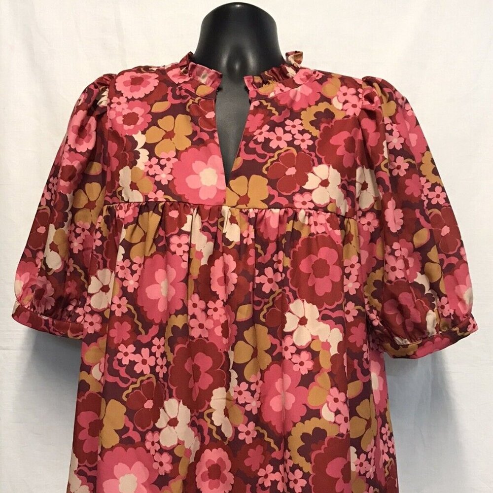 SUGAR LIPS Red FLORAL Cotton Twill PUFF SLEEVE V-Neck PULLOVER Blouse Top Sz L